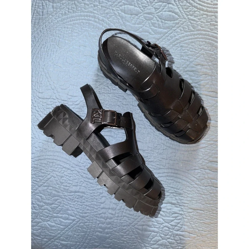 Karl Lagerfeld Paris Women's Fisherman Leather Sandals Black Logo Buckle Size 8